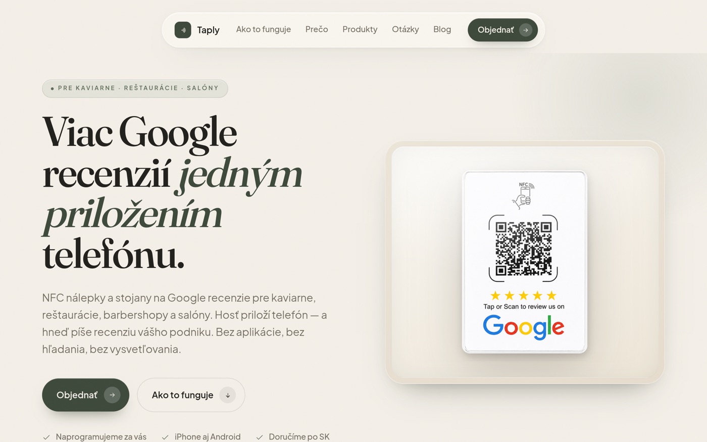 Ukážka webovej stránky Taply — NFC Google recenzie pre podniky